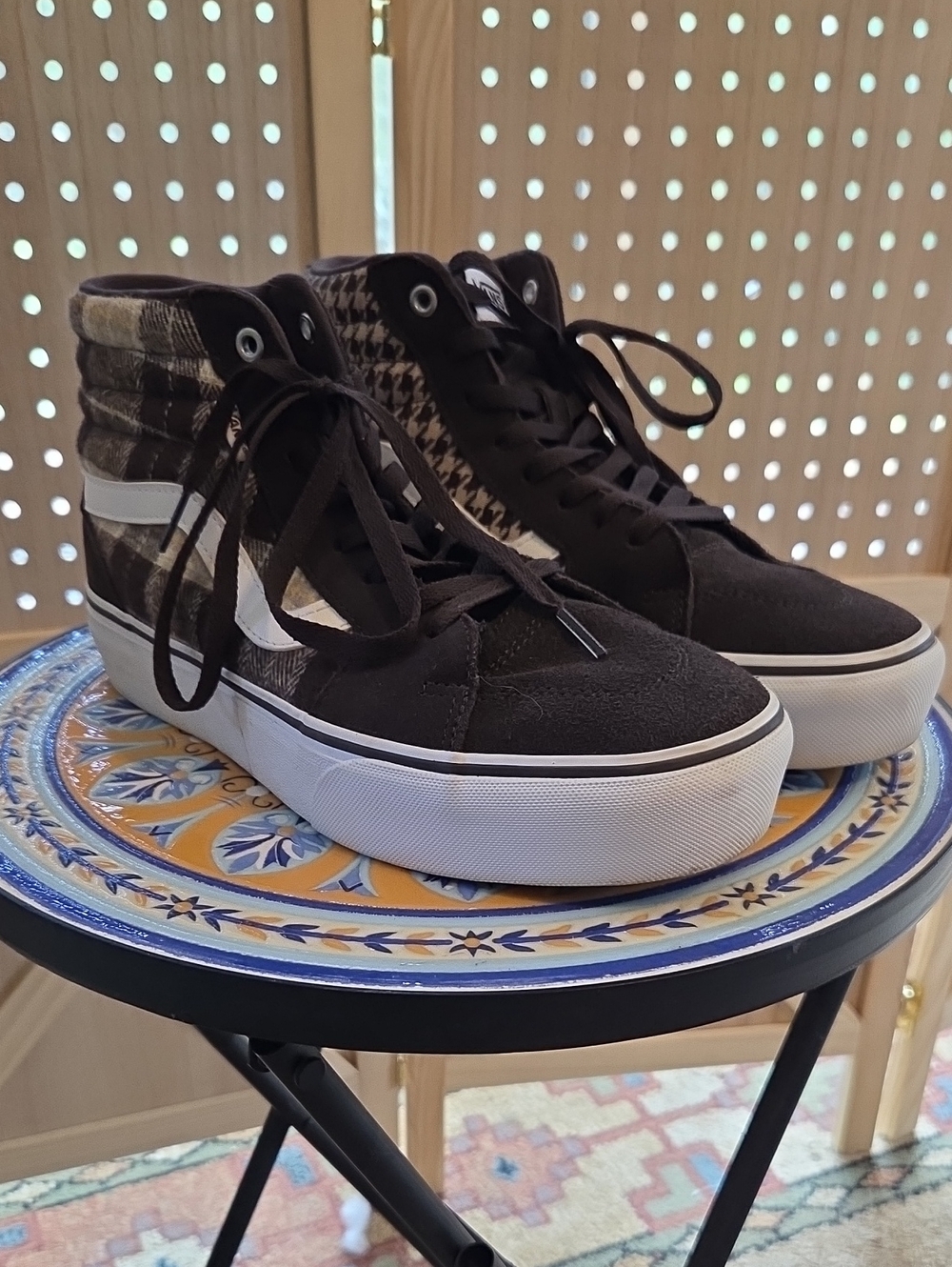 Vans Brown/Yellow and White High-Top Plaid Women's Sneakers